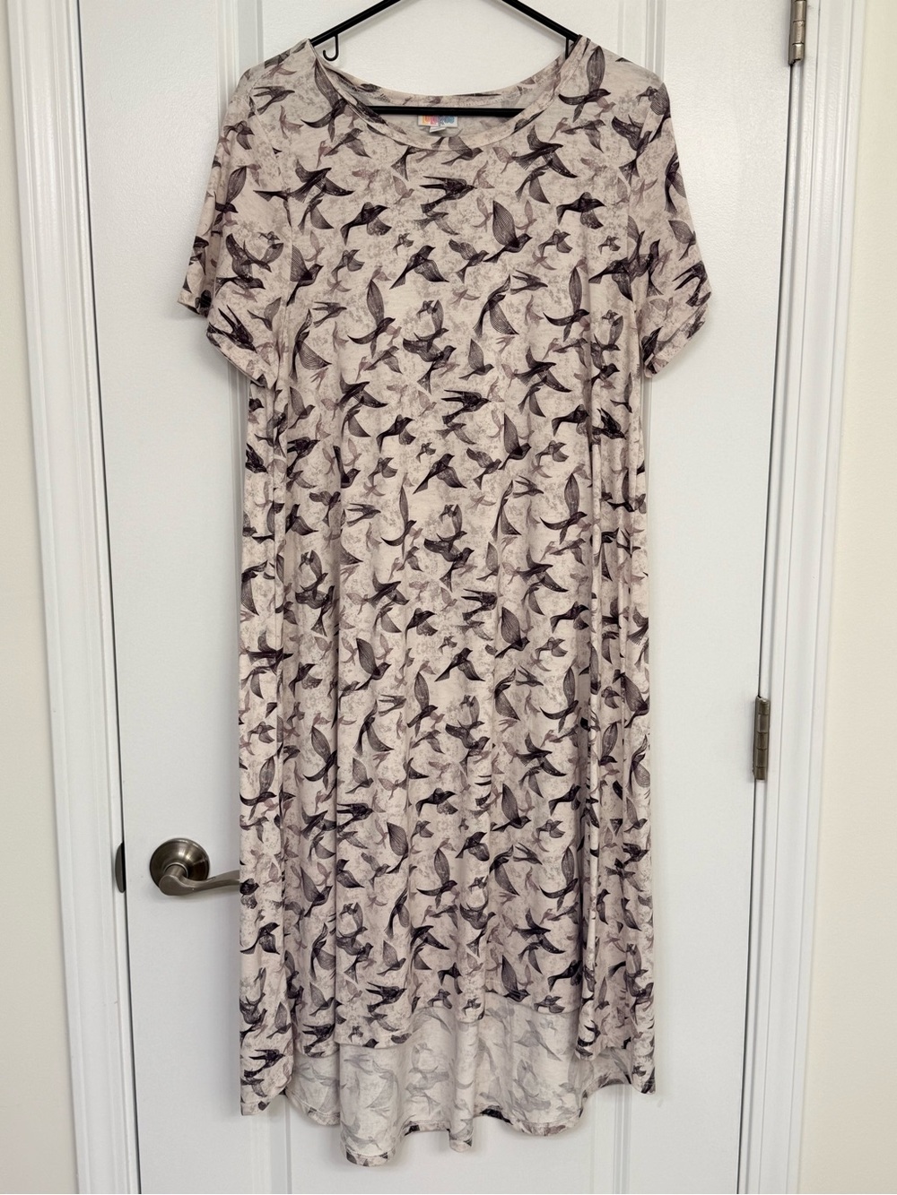 LuLaRoe Women's Carly Bird Print Short Sleeve Midi Dress Purple Gray Large